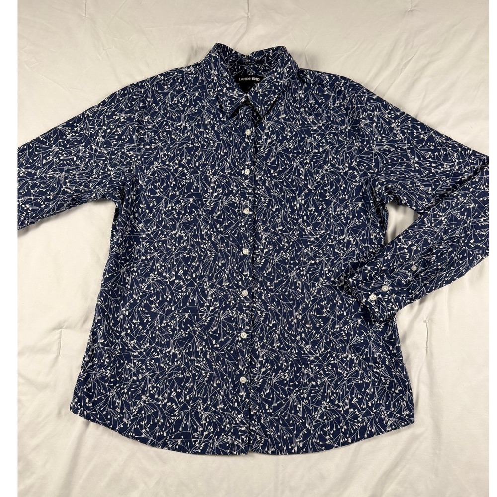 Lands End Womens 12 Navy Blue White Floral Supima No Iron‎ Button Down Shirt